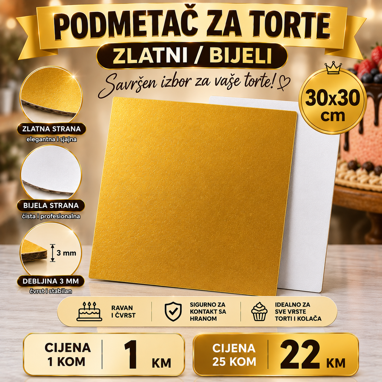 Podmetači za torte zlatni/bijeli 30x30