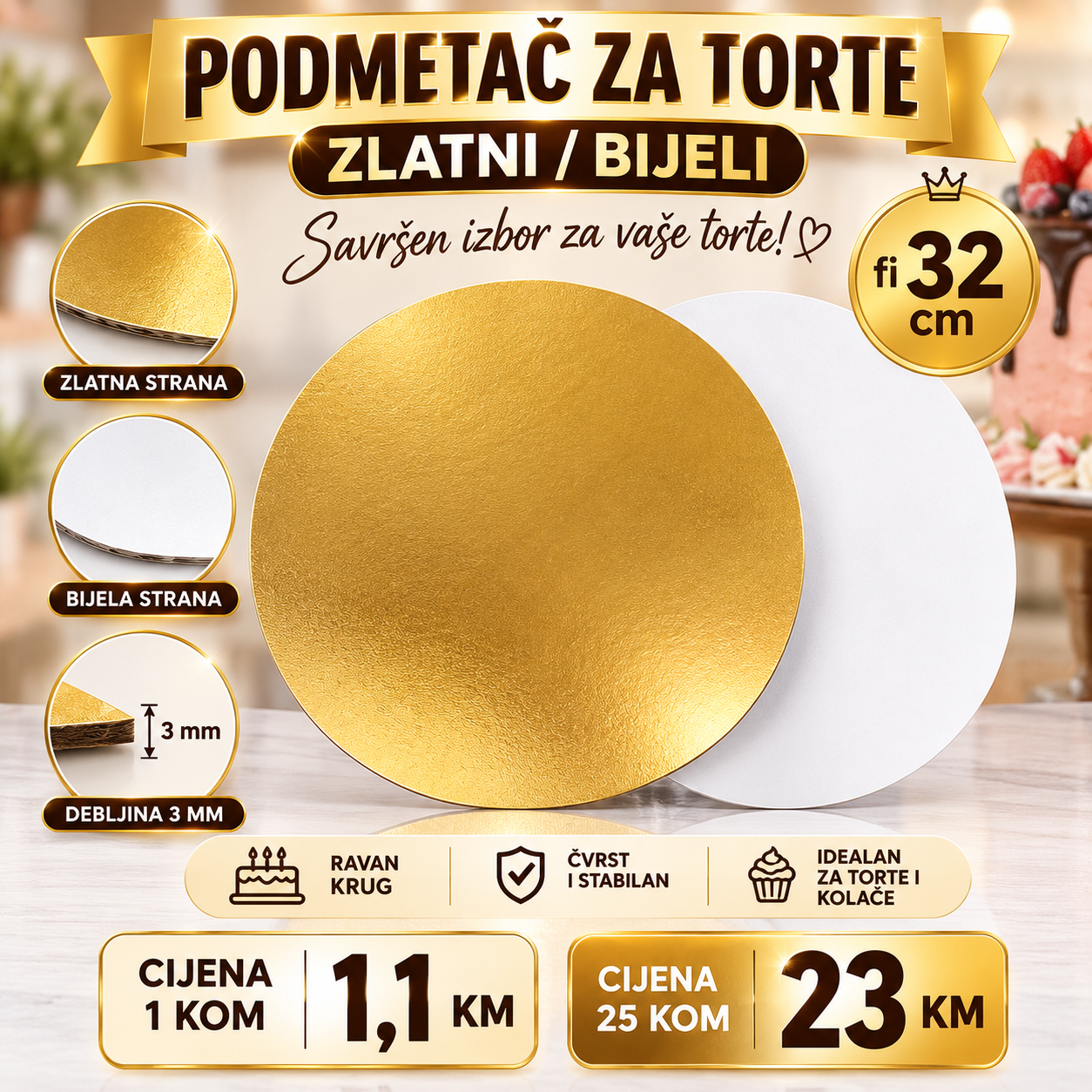 Podmetači za torte zlatni/bijeli fi32