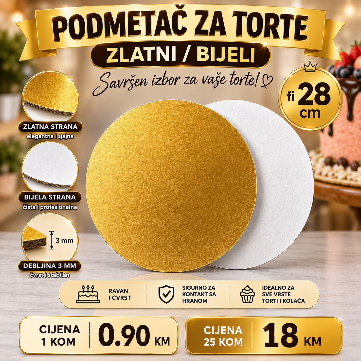 Podmetači za torte zlatni/bijeli fi28